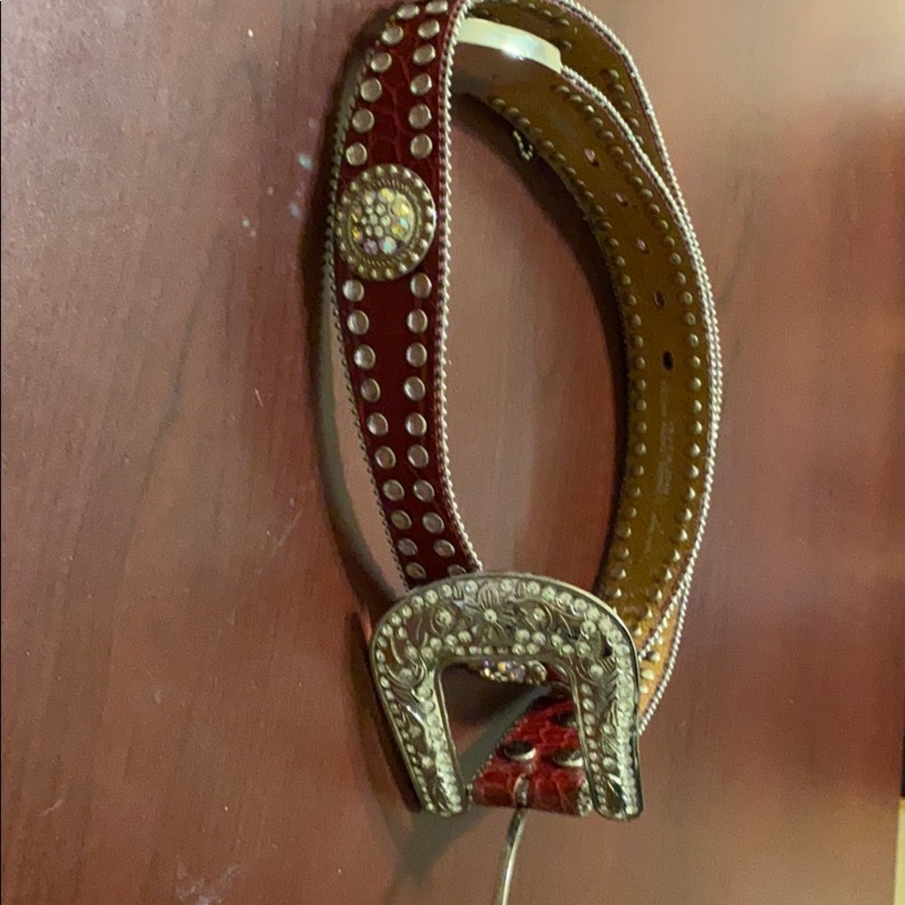 Red leather rhinestone belt